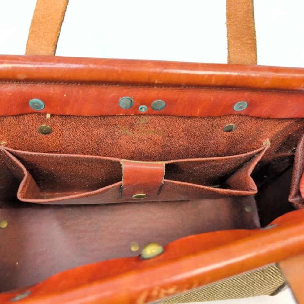 John Romain Vintage Leather Canvas Satchel Bag Je Taime Clasp Studded Brown Tan - Picture 7 of 10